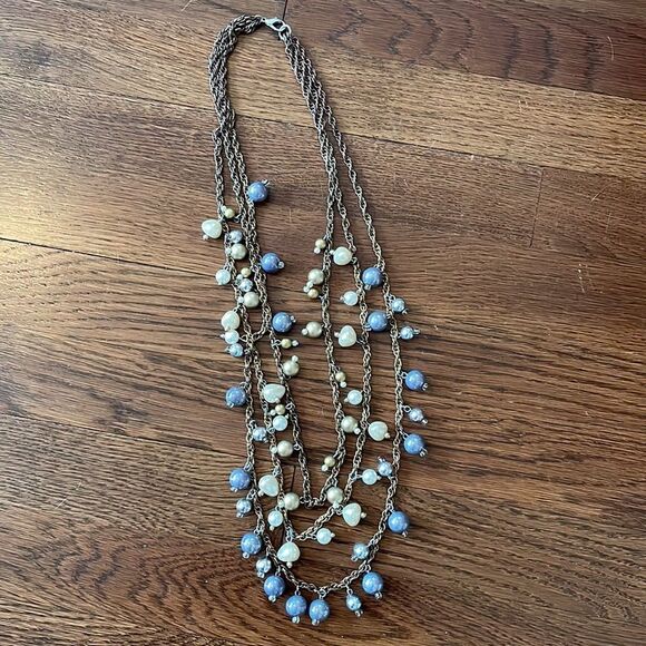 Three strand long necklace with large cream, silver & gold pearlized beads - Picture 4 of 4